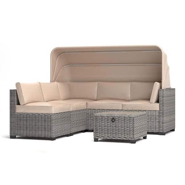 homfan Patio Sectional Brown Wicker 6-Piece, Outdoor Sectional Set, with Cushion in Gray, Coffee Table