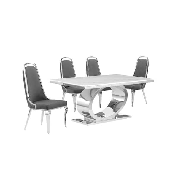 Best Quality Furniture Ibraim 5-Piece Rectangle White Marble Top Stainless Steel Base Dining Set 4 Dark Grey Velvet Chrome Iron Chair