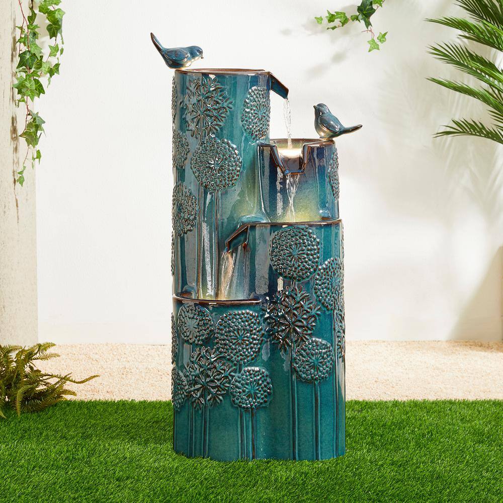 31.75" Turquoise Ceramic 4-Tier Outdoor Fountain with Birds and LED Lights