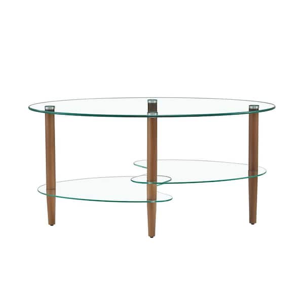 Hersa 35.43 in. Brown Modern Oval 3-layer Glass Coffee Table, Oak Wood Legs