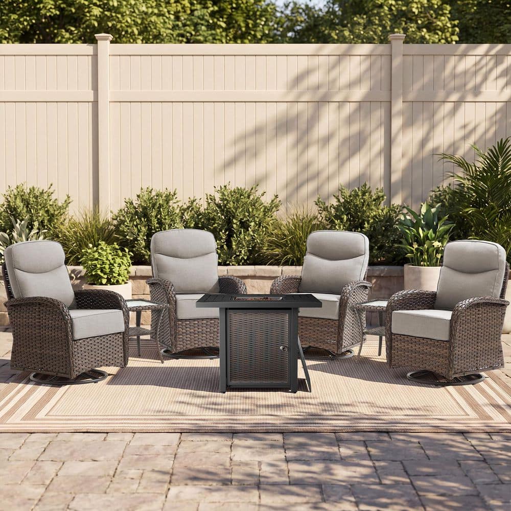Goyal Brown 7-Piece Wicker Patio Fire Pit Conversation Set Outdoor Swivel Glider Chairs with 6 in. Thick Beige Cushions price history on PriceWatchPro