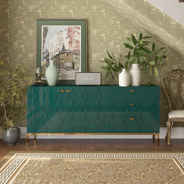 Clihome Green 2-Door Storage Cabinet with 3-Drawer and Adjustable Shelves