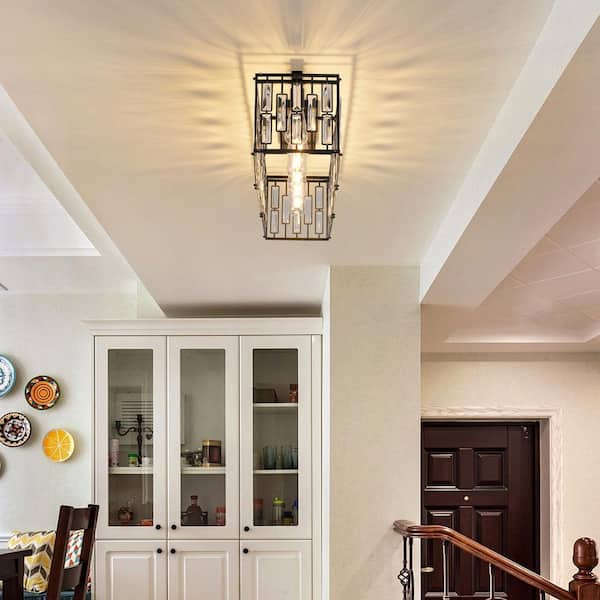 Genoci 38.7 in. 6-Light Black Modern Crystal Rectangle Flush Mount