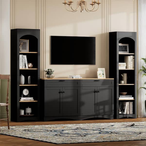Black Farmhouse TV Stand, Entertainment Center Fits TV's Up to 70 with Bookshelf, Sideboard with Adjustable Shelves