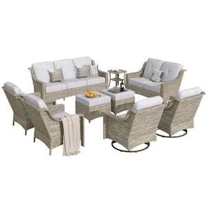 Eureka Gray 9-Piece Wicker Modern Outdoor Patio Conversation Sofa Seating Set with Swivel Chairs and Light Gray Cushions