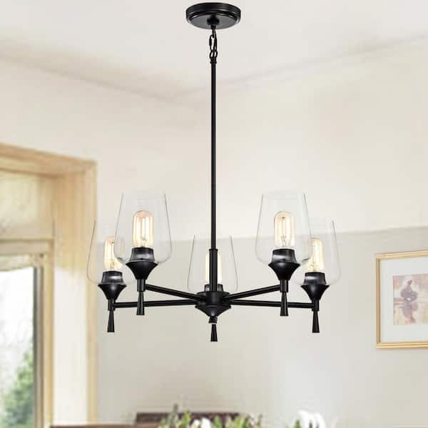 Edvivi Arlo 5-Light Matte Black Modern Chandelier with Clear Glass Shades