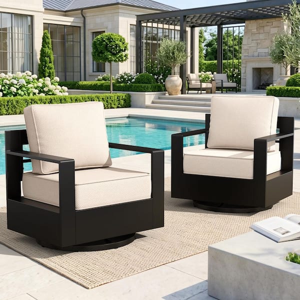2-Pack Aluminum Outdoor Rocking Chair Patio Swivel Chair with Deep Seating and Thick Beige Cushions