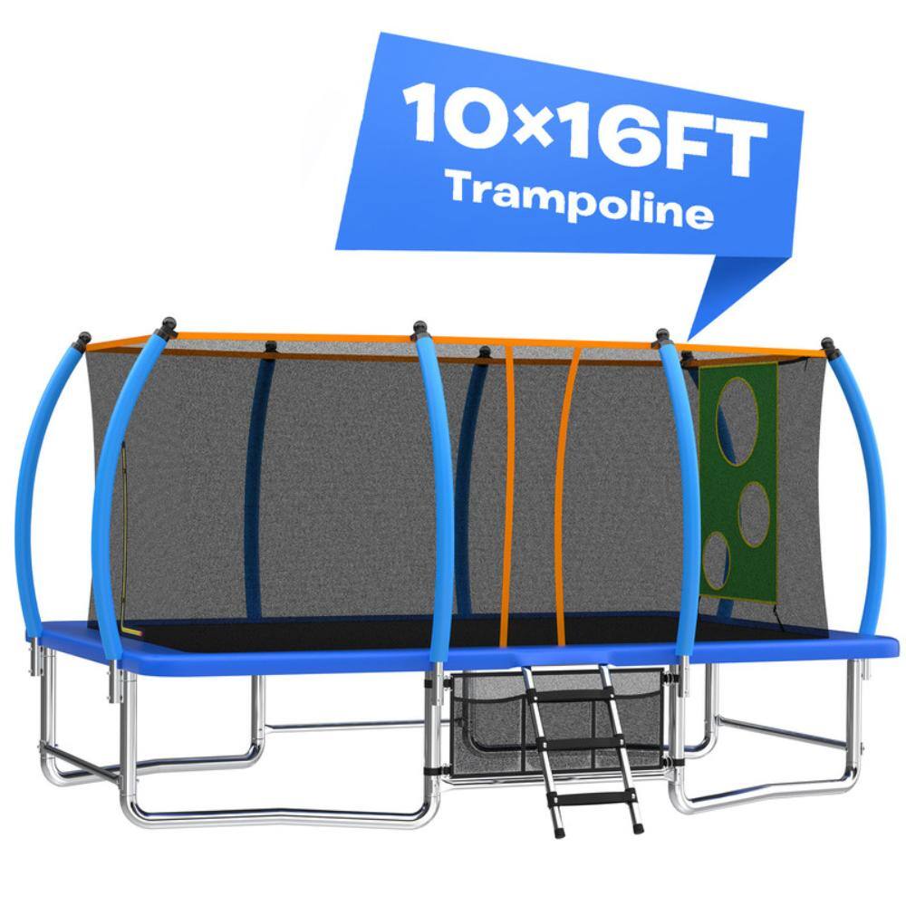 10x16FT Rectangular Trampoline with Enclosure Net & Ladder, 98 Springs ASTM Approved Heavy-Duty Blue Outdoor Trampoline