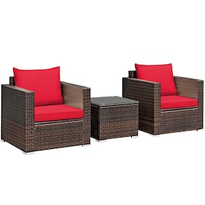 Brown 3-Piece Wicker Patio Conversation Set Garden with Red Cushions