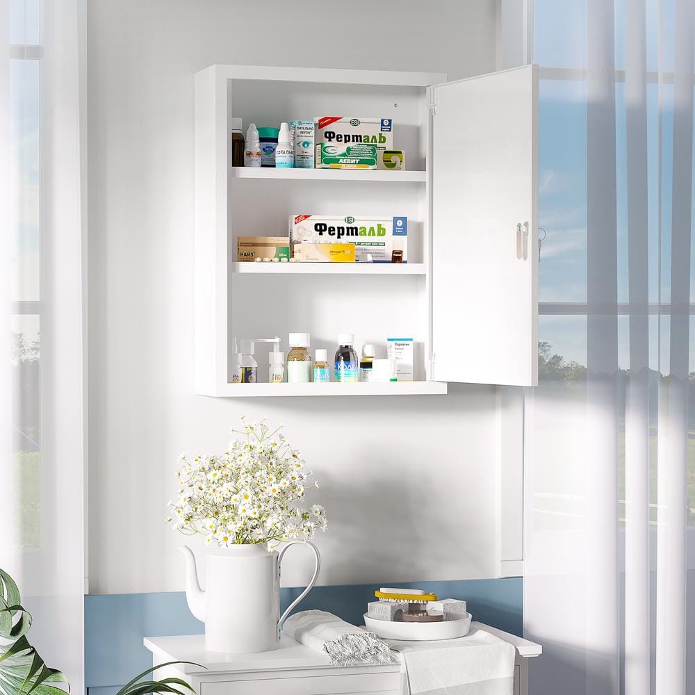 White Steel Wall-Mounted Lockable Medicine Cabinet with 3 Tiers