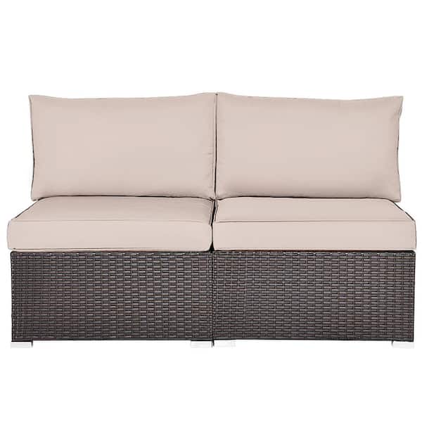 HONEY JOY 2-Piece Wicker Outdoor Sectional Rattan Armless Sofa Chair with Beige Cushions