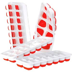 4-Pack Silicon Ice Cube Trays with Spill Resistant and Removable Lid, LFGB Certified and BPA Free in Light Red