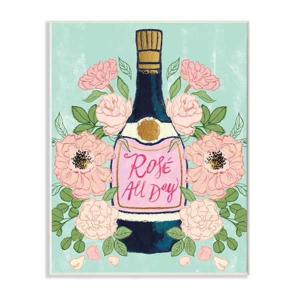 Stupell Industries "Rose All Day Phrase Floral Wine Bottle Pink Green" by Joy Ting Unframed Drink Wood Wall Art Print 13 in. x 19 in.