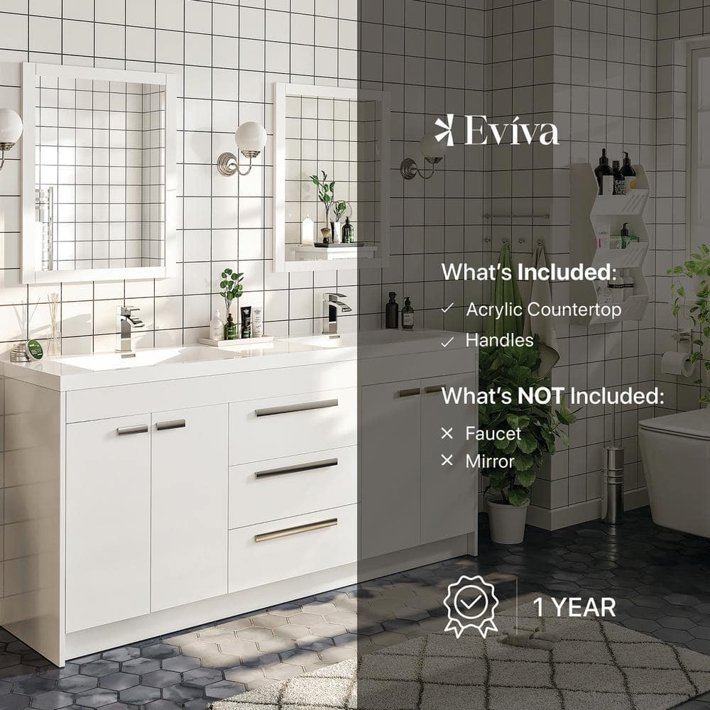 Eviva Lugano 60" White Modern Freestanding Double Bathroom Vanity with Acrylic Sinks