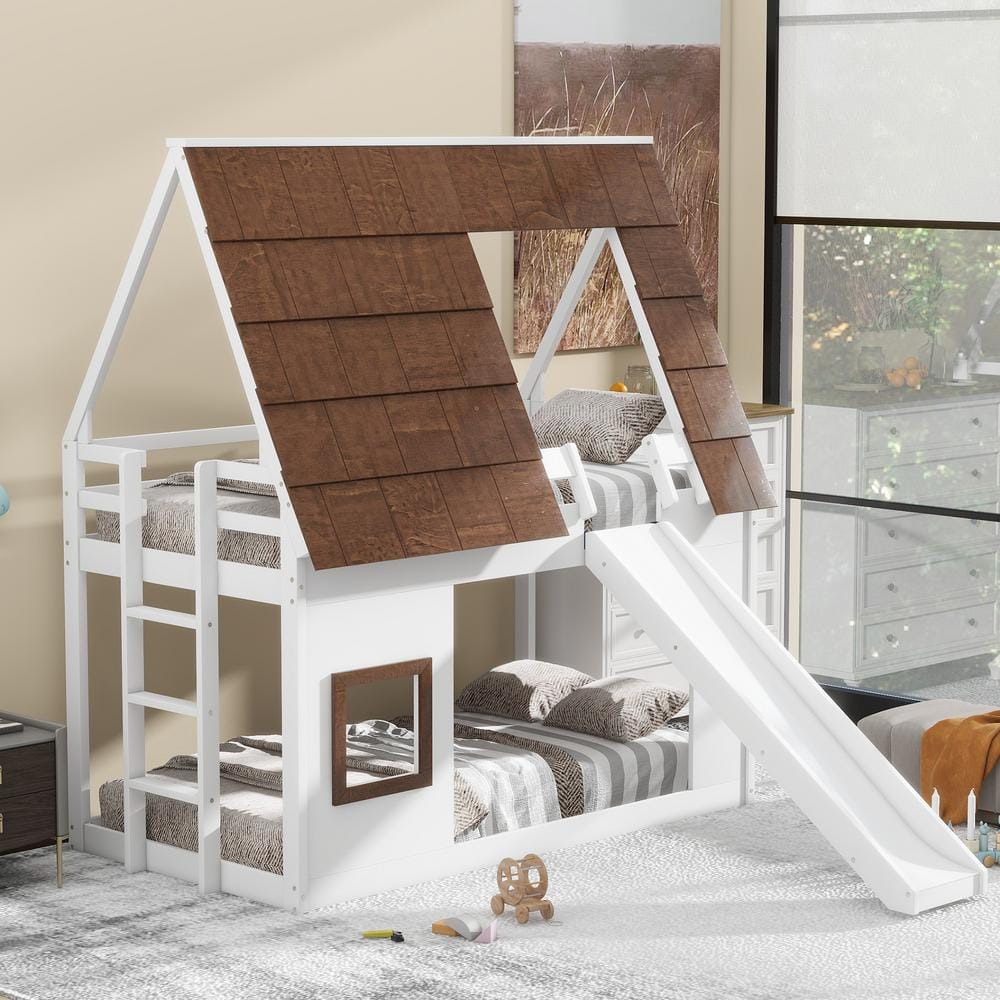 Harper & Bright Designs White Wood Frame Twin Size House Bunk Bed with ...