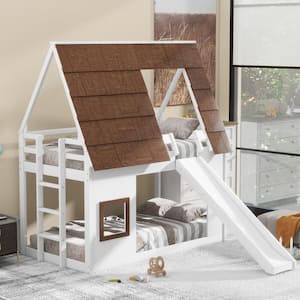 White Wood Frame Twin Size House Bunk Bed with Brown Roof, Built-in Ladder and Slide