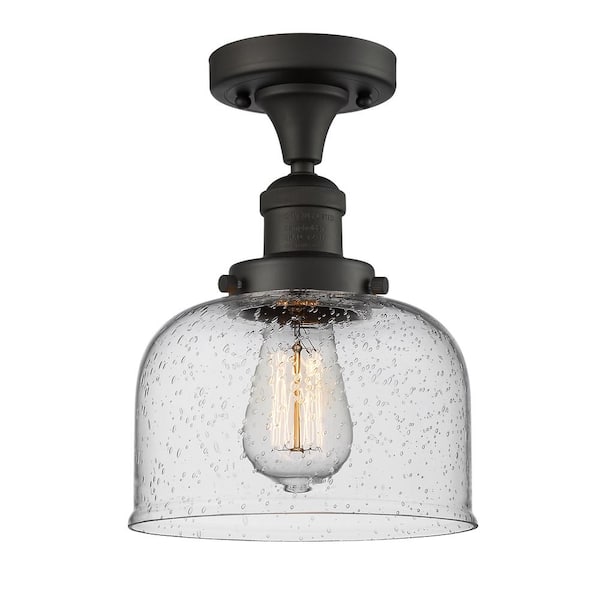 Innovations Bell 8 in. 1-Light Oil Rubbed Bronze Semi-Flush Mount with Seedy Glass Shade