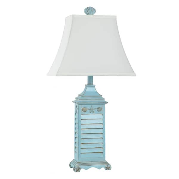 StyleCraft Longboat Key Shutter 28 in. French Blue Table Lamp with White Softback Fabric Shade