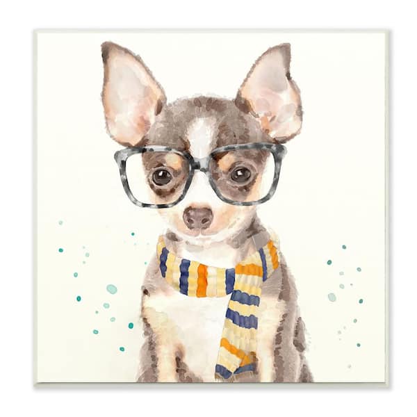 Stupell Industries 12 in. x 12 in. "Hipster Chihuahua Puppy With Glasses And Scarf" by Artist Main Line Art and Design Wood Wall Art