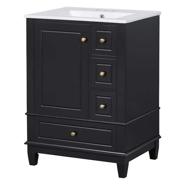 24 in. Single Sink Solid Wood Frame Freestanding Black Bath Vanity with White Ceramic Top, Unassembled, Soft Close