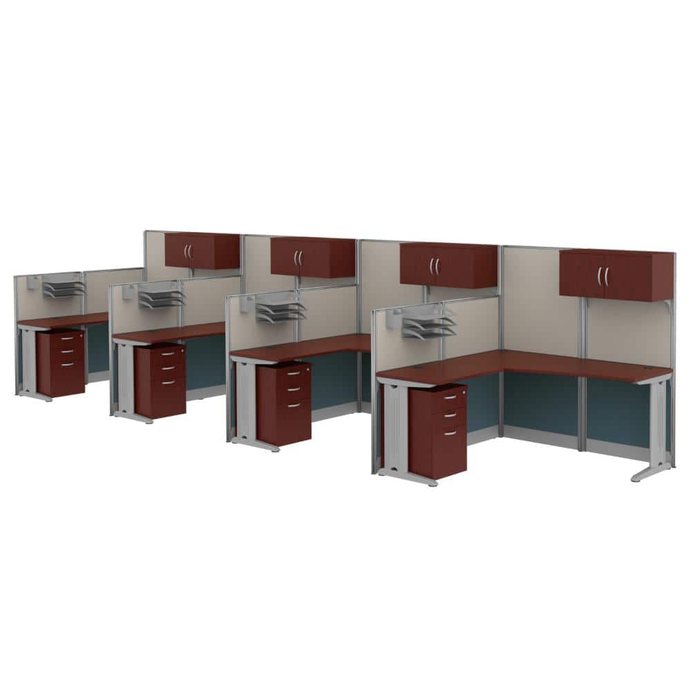 Instant Office 63"H x 129"W 4 Person L-Shaped Cubicle Panel Workstation w/ Storage, Hansen Cherry