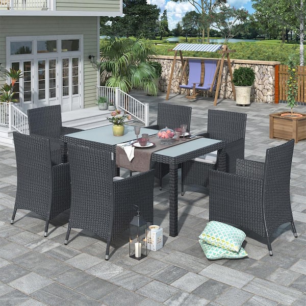 BTMWAY 7-Piece PE Wicker Outdoor Dining Set with Beige Cushions Dining Table Set Patio Furniture Sets