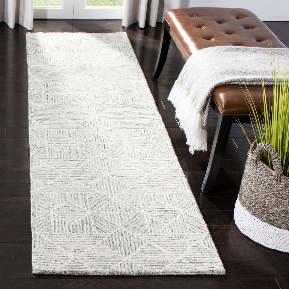 Abstract Green and Ivory Hand-Tufted Wool Runner Rug
