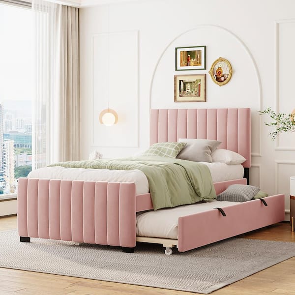 Harper & Bright Designs Channel-Tufted Pink Wood Frame Twin Size Velvet Upholstered Platform Bed with Twin Size Trundle