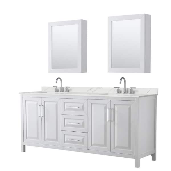 Wyndham Collection Daria 80 in. W x 22 in. D x 35.75 in. H Double Bath Vanity in White with Giotto Quartz Top and Mirrors