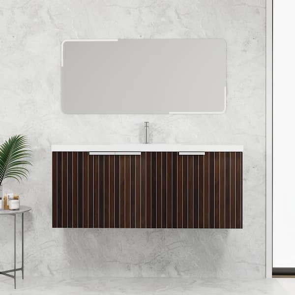 48 in. Single Sink Floating Brown Bath Vanity with White Resin Top, Ample Storage Space, 3 Doors