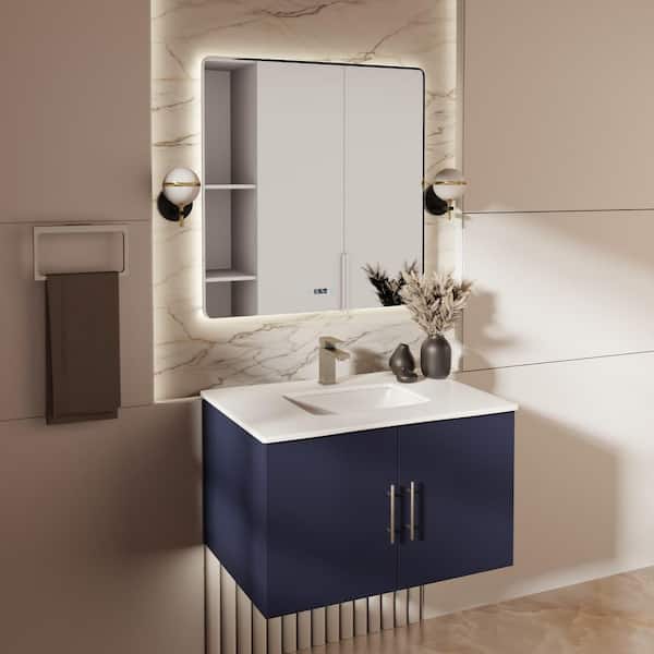 Geneva 30 in. W x 22 in. D Navy Blue Bath Vanity, Cultured Marble Top, and Faucet Set