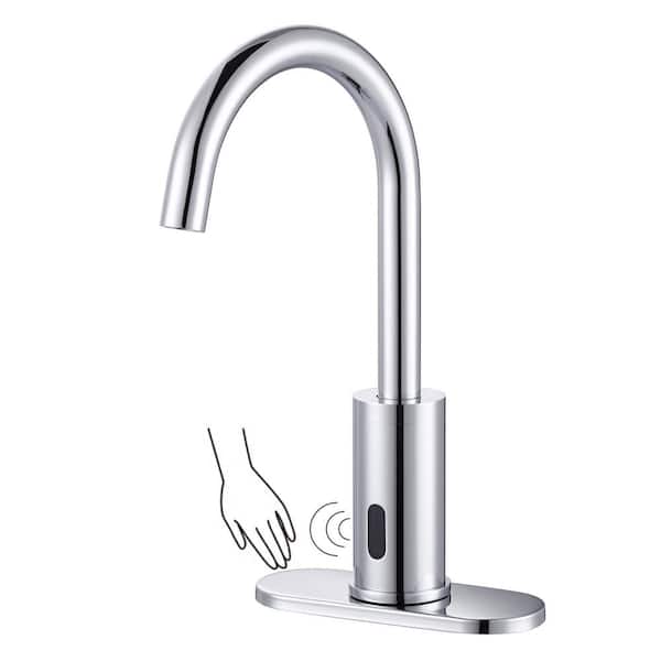 Battery-Powered Commercial Touchless Single Hole Without Handle Bathroom Faucet with Deck Plate in Polished Chrome
