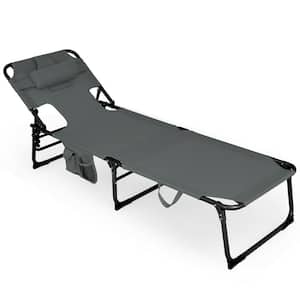 Metal Patio Outdoor Foldable Chaise Lounge Sun Lounge with Hole and Side Packge in Gray
