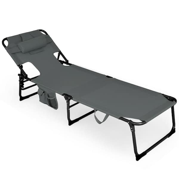 ANGELES HOME Metal Patio Outdoor Foldable Chaise Lounge Sun Lounge with Hole and Side Packge in Gray