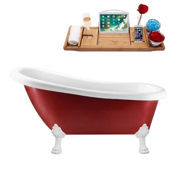 Streamline 61 in. Acrylic Clawfoot Non-Whirlpool Bathtub in Glossy Red With Glossy White Clawfeet And Brushed Gun Metal Drain