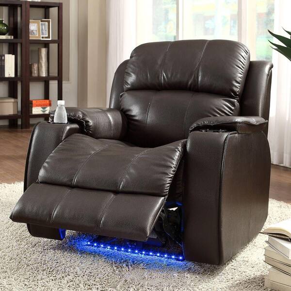 HomeSullivan Carlyle LED Bonded Leather Power Recliner in Brown with Cupholders