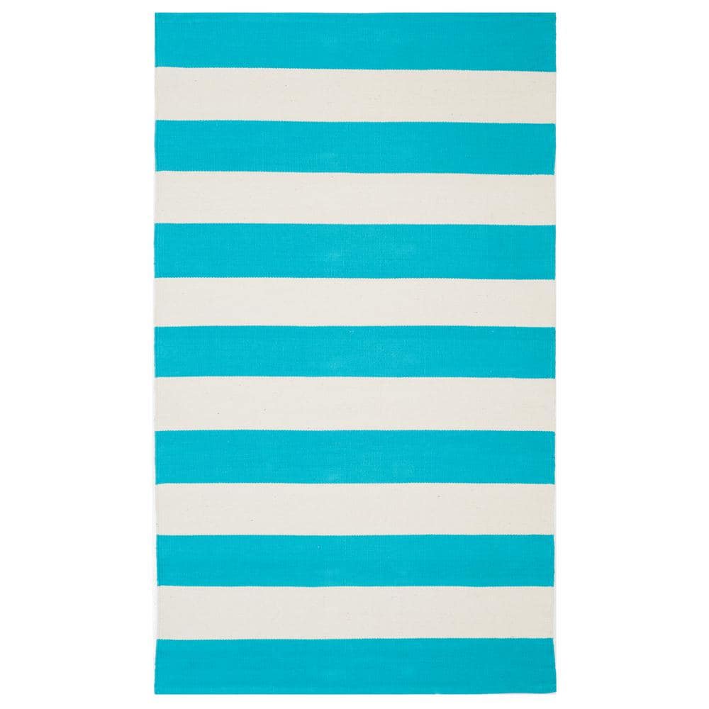 Turquoise & Ivory Stripe Round Cotton Area Rug, 3' x 5'
