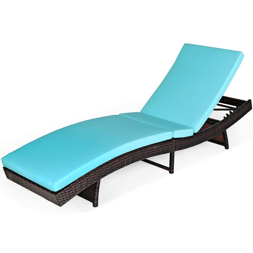 Costway Armless Folding Height Adjustable Plastic Rattan Outdoor Lounge Chair with Turquoise Cushions