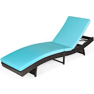Armless Folding Height Adjustable Plastic Rattan Outdoor Lounge Chair with Turquoise Cushions