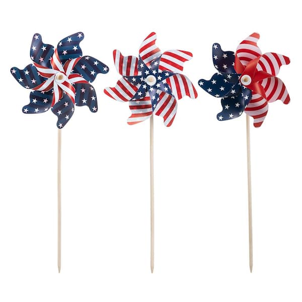 32 in. H Set of 3 Plastic Stars&Stripes Patriotic/Americana Windmills(KD)