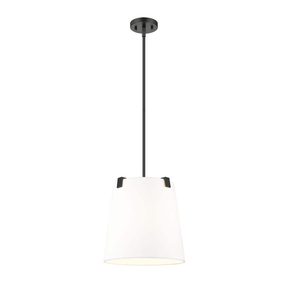 Weston 13 in. 3-Light Matte Black Shaded Pendant Light with White Linen Fab