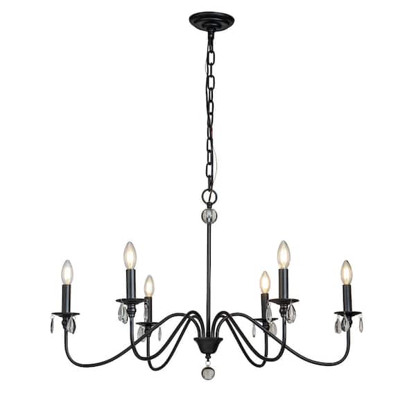ALOA DECOR 6-Light Farmhouse Candlestick Chandelier 35 in. Black Ceiling Lights Fixture with Crystal-Tear Drops