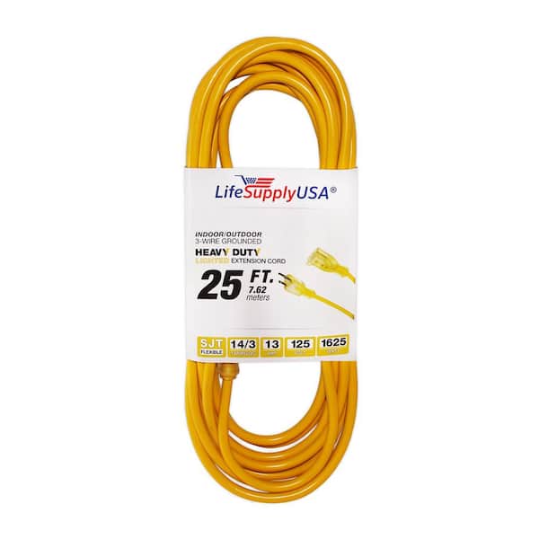 LifeSupplyUSA 25 ft. 14/3 SJTW Full Copper 13 Amp 125-Volt 1625-Watt Lighted End Indoor/Outdoor Extension Cord