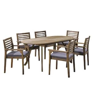 Casa 30 in. Grey 7-Piece Wood Oval Outdoor Dining Set with Dark Grey Cushions