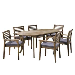 Casa 30 in. Grey 7-Piece Wood Oval Patio Outdoor Dining Set with Dark Grey Cushions