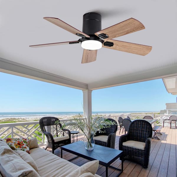 42 in. Black 5 Wood Blades Flush Mount Standard Ceiling Fan with LED Light and Remote Included