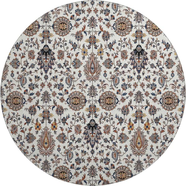 Mayfield Premium Machine Washable Abstract AMF2192 Ivory 8 ft. x 8 ft. Round Rug