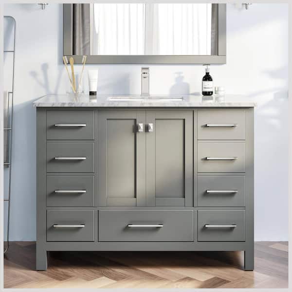 Eviva London 48 in. W x 18 in. D x 34 in. H Bathroom Vanity in Gray with White Carrara Marble Top with White Sink
