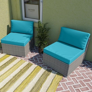 2-Piece Armless Wicker Outdoor Patio Conversation Seating Sofa Set with Cushions, Light Blue