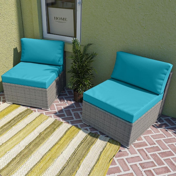EAGLE PEAK 2-Piece Armless Wicker Outdoor Patio Conversation Seating Sofa Set with Cushions, Light Blue
